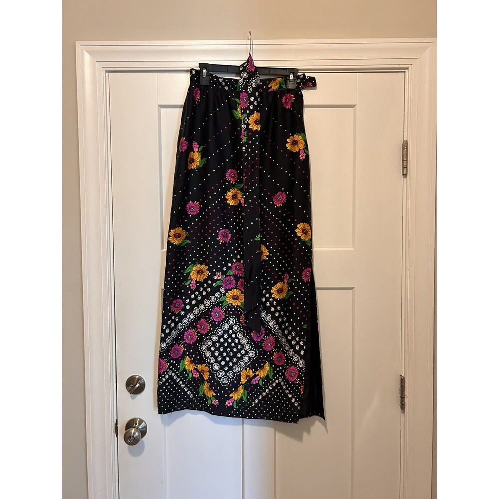 VTG 70s Alex Colman California Mod Retro Black Floral Lined Maxi Skirt Waist 26”